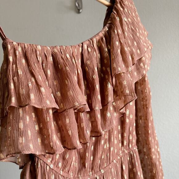 Rococo Sand Aine One Shoulder Mini Chiffon Ruffle Dress Tan Gold Small - Picture 6 of 14